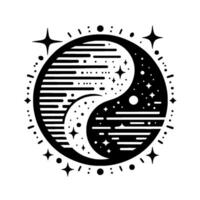 Stylized YinYang symbol, divided into daynight sections with cosmic elements of stars, dots, lines, and a dotted circular border. vector