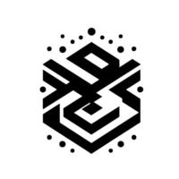 Black and white geometric hexagon with a stylized mazelike pattern and dotlike embellishments in abstract minimalism. vector