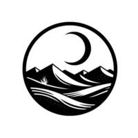 Black and white minimalist landscape within a circle, featuring mountains under a crescent moon, with a desertlike setting and a single plant. vector