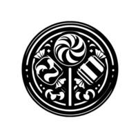 Monochrome, circular candy emblem featuring lollipop, wrapped sweets, decorative elements, intricate with symmetrical arrangement. vector