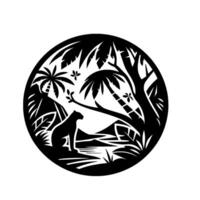 Silhouette of a Panther in a Tropical Paradise A Black and White Circular Composition with Palm Trees, Mountains, and Lush Vegetation. vector