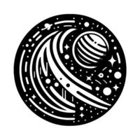 Black and white minimalist cosmos art piece depicting swirling nebulae, planets, and stars in a circular composition, evoking a sense of wonder. vector