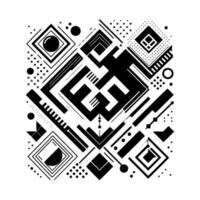 Complex geometric abstract in black and white, featuring layered shapes, patterns, and detailed elements arranged symmetrically. vector