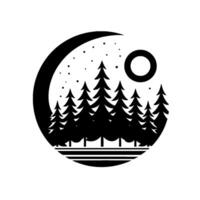 Minimalist Black and White Circular Landscape Depicting Pine Forest Under a Moonlit Night Sky, with Stars and Sun. vector