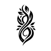 Black and white symmetrical tribal featuring stylized intertwined vines and delicate leaves on a stark white backdrop. vector