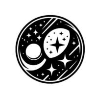 Black and White Celestial Circle Moon, Stars, Asteroid, and Starbursts within a Circular Frame, Artistic Minimalist . vector