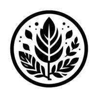 Monochromatic botanical featuring stylized leaves, sprigs, and dots arranged within a circular frame, evoking nature and simplicity. vector