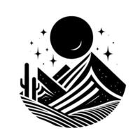 Monochrome desert landscape illustration featuring stylized mountains, cactus, moon, and stars with geometric patterns, creating a serene night scene. vector
