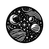 Celestial Sphere A black and white illustration featuring a crescent moon, planets, stars, comets, and cosmic waves within a circular composition. vector