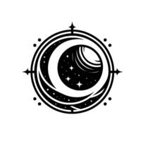 Celestial Compass A Black and White Illustration of a Moonlit Sky Scene Within a Circular Frame with Compass Points. vector