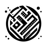 Geometric Black White Abstract Composition Circular with a Mazelike Interior and Scattered Dots. vector
