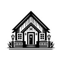 Geometric Black White House Illustration, Featuring Porch, Windows, Lamps, and Simple Architectural . vector