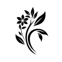 A stylized black and white floral illustration featuring a flower, leaves, and flowing curved stems, creating a decorative . vector