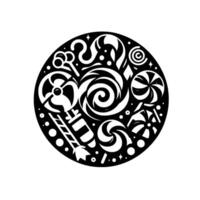 Black and white circular illustration, featuring a whimsical collection of stylized candies, lollipops, and sweets arranged within a decorative . vector