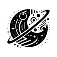 Minimalist Black and White Celestial Composition Planetary Ring, Stars, Orbs, and Abstract Elements. vector