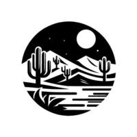 A monochrome desert night scene with saguaro cacti, mountains, a full moon, and stars, set in a circular . vector