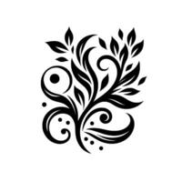 Intricate black floral on white background with swirling stems, leaves, and dot accents, creating a balanced, ornamental composition. vector