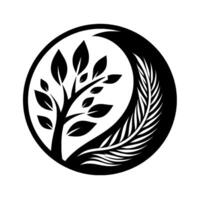 Black and white botanical emblem, stylized tree and featherlike element within a circle, minimalist, symbol of growth. vector