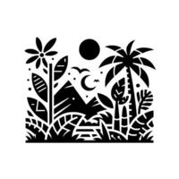 Black and white geometric illustration of a tropical landscape with a palm tree, moon, mountain, and stylized plants and flowers, creating a serene, minimalist ambiance. vector