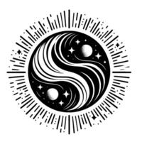 Artistic YinYang Symbol with Celestial Elements Stars, Moons, and Bursting Light Radiance in Black and White Art. vector