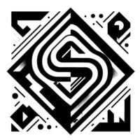 Bold geometric abstraction featuring a central S shape within a diamond frame, contrasting black and white lines, dots, and varying tonal patterns. vector
