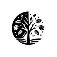 Symbolic Black and White Tree Illustrating the Contrasts of Day and Night and the Fall Season, with Leaves. vector