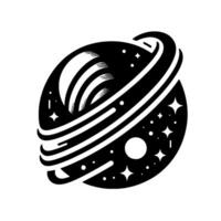 Intricate black and white illustration of a stylized planet with rings, surrounded by stars and celestial bodies, evoking a cosmic, minimalist aesthetic. vector