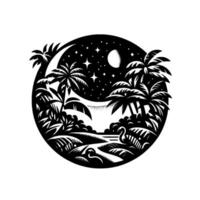 Serene Nighttime Tropical Paradise A Black White Circular Illustration with Palm Trees, Crescent Moon, Stars, and a Calm Beach. vector
