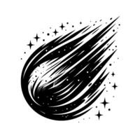 Stylized Black and White Illustration of a Comet Streaking Through Space, Surrounded by Stars and Dust vector