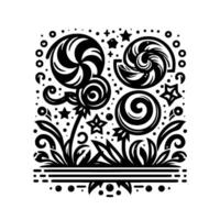 Intricate black and white illustration stylized lollipops with swirling patterns, whimsical flowers, and stars, arranged in a decorative floral border. vector