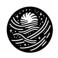 Celestial Circle Stylized black and white cosmic scene with sun, ocean waves, stars, and dots in a circular frame. vector