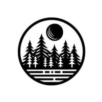 Black White Minimalist Circular Illustration of a Forest Scene with Pine Trees and Crescent Moon Above the Horizon, Natures Embrace. vector