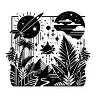 Black and White Illustration of Tropical Landscape with Celestial Bodies, Palm Trees, and Mountains in Retro Style. vector