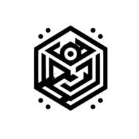 Geometric Hexagon with Eye, Mazelike Internal Structure, Transparent Overlays, and Floating Dots, Black White . vector