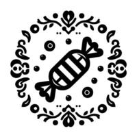 Stylized monochrome candy illustration set within a decorative circular floral frame, featuring abstract patterns and minimalist . vector