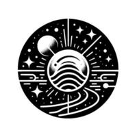 A stark, circular monochrome illustration featuring a celestial scene with sunmoon, stars, and a cosmic landscape within a frame. vector