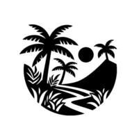 Silhouette of a tropical paradise scene within a circle palm trees, mountain, pathway, and a sun in a minimalist black and white . vector