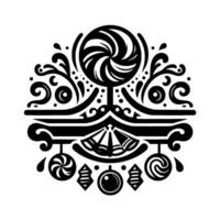 Bold Black and White Swirl Composition featuring a Central Swirl Lollipop, with Decorative Elements like Ornate Flourishes, Stylized Candies and Droplets. vector