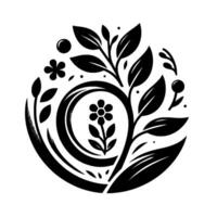 Circular Botanical Monochromatic Illustration with Floral Center, Leafy Vines, and Symbolic Flourishes vector