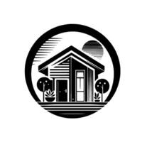 Minimalist Illustration of a House with Trees, Sun, and Decorative Elements within a Circular Frame. vector