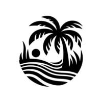 Stylized Black and White Island Palm Tree, Sunset Over Waves, and Tall Grass Encapsulated in Circular vector
