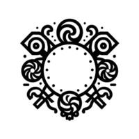 A black and white whimsical badge , featuring a central circular frame surrounded by stylized spiral lollipops, eyeshaped elements, and decorative flourishes. vector
