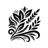 An Elegant Black and White Floral with Diverse Leaf Shapes and Decorative Swirls on a Pure White Background. vector