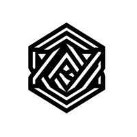 A bold black and white geometric featuring interwoven lines forming a hexagonal shape with intricate abstract patterns at the center. vector