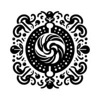 Intricate, symmetrical black and white mandalastyle featuring a central swirled form, surrounded by ornate floral and geometric elements. vector