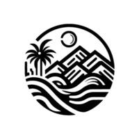 Monochrome circular featuring a palm tree, mountain range, crescent moon, and stylized ocean waves, creating a minimalist tropical landscape . vector