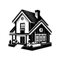 Minimalist Black and White Architectural Illustration of a Charming TwoStory House with Porch, Garden, and Circle Backdrop. vector