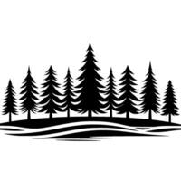 Silhouette of a dense forest of fir trees atop rolling hills, rendered in black and white, minimalist nature illustration. vector
