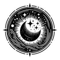 Celestial Mandala Black and White Cosmic Illustration Featuring Crescent Moon, Stars, and Waves Within a Circular Frame. vector