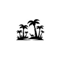 A stylized, black and white illustration of a prehistoric scene featuring palm trees, grass, and a dinosaur silhouette. vector